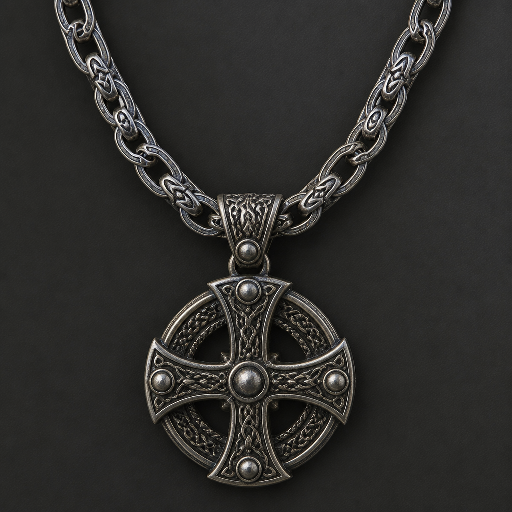 A medieval men's necklace
photorealistic jewelry design, A medieval men's necklace, medieval style, just the design no text