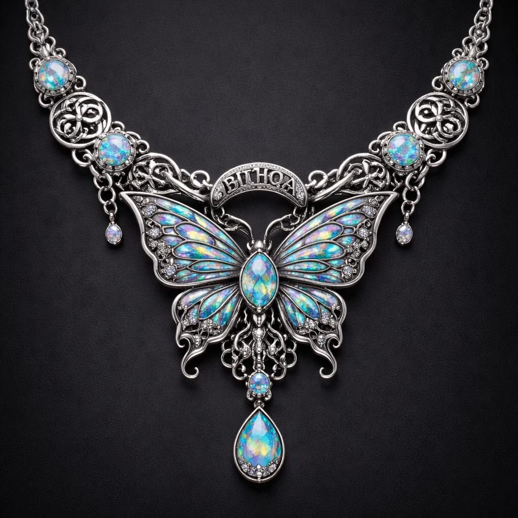 A celtic women's necklace made of silver with opal stones suitable for birthday. que sea una joya única con una mariposa y t nga demaciado detalles y en el aro que tenga JPQA