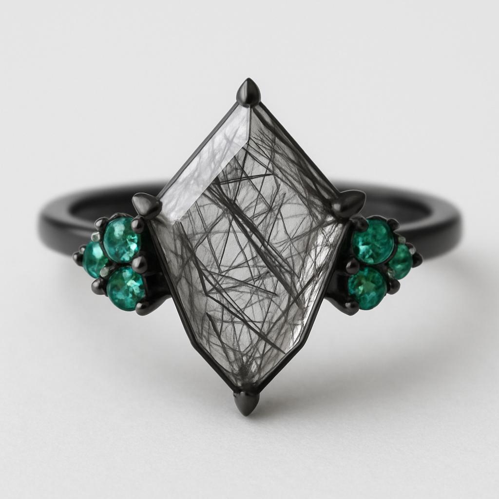 Black band, kite cut tourmalated quartz, emerald accent stones 3 on each side in a cluster 