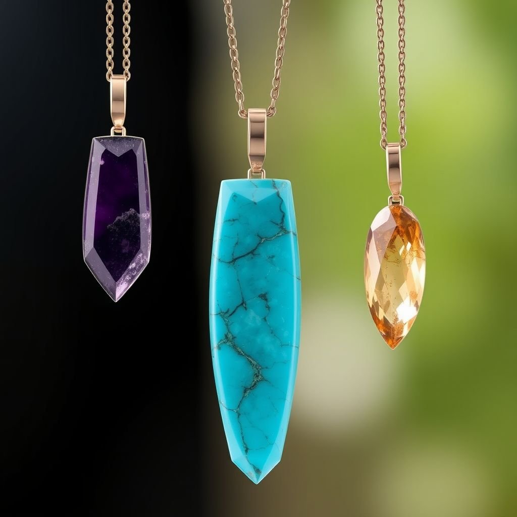 Elongated pendants in semi precious stones
Design a collection of modern elongated pendants featuring bold, semi-precious stones like amethyst, turquoise, and citrine. Each pendant should showcase clean lines and geometric shapes, suspended from minimalist metal chains. Incorporate asymmetrical elements to highlight the beauty of the stones, creating a striking yet sophisticated look that embodies contemporary elegance.