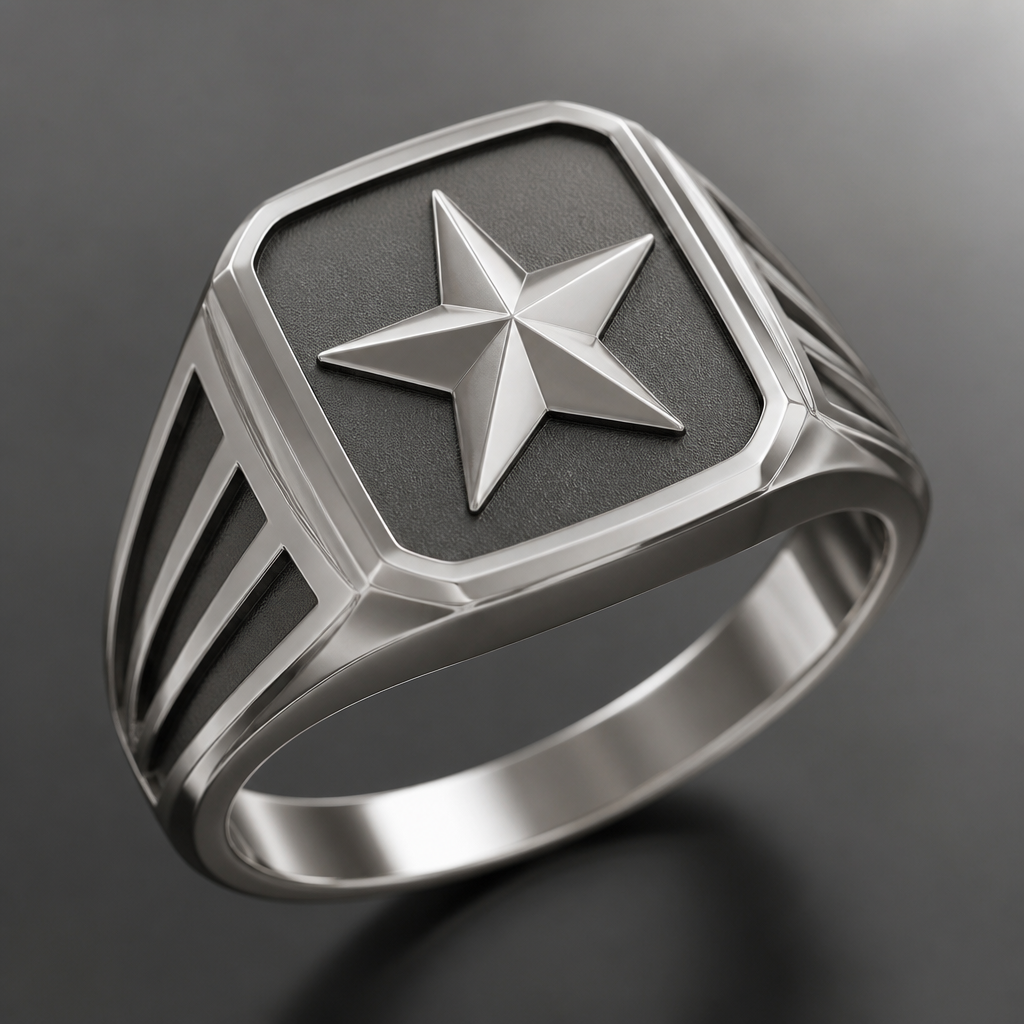 A men's ring. ring with name star
photorealistic jewelry design, A men's ring. ring with name star, modern style, just the design no text