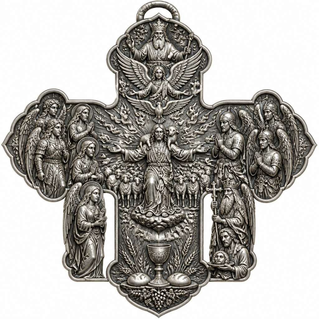 A rustic women's pendant made of silver suitable for festival. An extraordinary excellent beautiful delicate and elegant, super modern Cross, without stones, without background only the Cross, with Jesus Christ as the Good Shepherd with a beautiful delicate and elegant face, with long hair, with a beautiful delicate elegant and fit body, with His hands wide open to receive all of us, with a beautiful delicate elegant and beautifully ornated tunic, with a beautiful delicate and elegant sheep on His shoulders, with a beautiful delicate and elegant flock of beautiful delicate and elegant sheep backward of Him. Over Jesus Christ and the flock to be placed the Holy Spirit as an Angel with a beautiful delicate and elegant face, with long hair, with big wings flying, with a beautiful delicate elegant and fit body, with a beautiful delicate elegant and beautifully ornated tunic under the Angel to be placed a beautiful delicate and elegant dove flying both of them the Angel and the dove to be surrounded by tongues of fire radiating light to Jesus Christ and the flock. Over the Holy Spirit to be placed God the Father with a beautiful delicate and elegant face, with long hair, with a beautiful delicate elegant and fit body, with a beautiful delicate and elegant tunic, with a beautiful delicate and elegant sceptre at His left hand blessing the world with His right hand, with a beautiful delicate elegant and beautifully ornated crown on His head. At the bottom of the Cross to be placed the Holy Communion with a beautiful delicate elegant and beautifully ornated chalice and two breads around the chalice. At the lower right side of the Cross to be stacked one by one Saint John the Baptist with a beautiful delicate elegant and beautifully ornated platter with his head on it. Over Saint John the Baptist to be placed Saint Constantine with a beautiful delicate and elegant face, with long hair, with a beautiful delicate and elegant crown on his head, with a beautiful delicate elegant and fit body, with a beautiful delicate and elegant armour holding a beautiful delicate elegant and beautifully ornated Cross. Over Saint Constantine to be placed Saint George with a beautiful delicate and elegant face, with long hair, with a beautiful delicate elegant and beautifully ornated helmet with a beautiful delicate elegant and fit body, with a beautiful delicate elegant and beautifully ornated armour, holding a beautiful delicate and elegant sword with his right hand at low position and near the floor giving respect to the Holy Trinity and Praying. Over Saint George to be placed Saint Peter the Apostle Praying. At the left lower side of the Cross to be placed stacked Saint Paraskevi with a beautiful delicate and elegant face, with long hair, with a beautiful delicate elegant and beautifully curved body, with a beautiful delicate elegant and beautifully ornated tunic holding a bowl with two eyes in it. Over Saint Paraskevi to be placed Saint Irene with a beautiful delicate and elegant face, with long hair, with a beautiful delicate elegant and beautifully ornated wreath on her head, with a beautiful delicate elegant and beautifully curved body, with a beautiful delicate elegant and beautifully ornated tunic Praying. Over Saint Irene to be placed Virgo Maria with a beautiful delicate and elegant face, with beautifully ornated long hair, with a beautiful delicate elegant and beautifully curved body, with a beautiful delicate elegant and beautifully ornated tunic Praying. Over Virgo Maria to be placed Saint Paul the Apostle Praying. At the right side of the Cross to be placed Saint Michael the Archangel with a beautiful delicate and elegant face, with long hair, with a beautiful delicate elegant and beautifully ornated helmet, with a beautiful delicate elegant and fit body, with big wings flying, with a beautiful delicate elegant and beautifully ornated armour, holding His beautiful delicate elegant and beautifully ornated sword low to the ground giving respect to the Holy Trinity and Praying. In front of Saint Michael the Archangel to be placed Saint Gabriel the Archangel with a beautiful delicate and elegant face, with long hair, with a beautiful delicate elegant and beautifully ornated helmet on His head, with a beautiful delicate elegant and fit body, with big wings flying, with a beautiful delicate elegant and beautifully ornated armour, holding a beautiful delicate elegant and beautifully ornated bucket of lilyes and Praying. At the left side of the Cross to be placed Saint Rafael the Archangel with a beautiful delicate and elegant face, with long hair, with a beautiful delicate elegant and beautifully ornated helmet, with a beautiful delicate elegant and fit body, with big wings flying, with a beautiful delicate elegant and beautifully ornated armour, holding a beautiful delicate elegant and beautifully ornated sword with his right hand low giving respect to the Holy Trinity and Praying. In front of Saint Rafael the Archangel to be placed the Guardian Angel with a beautiful delicate and elegant face, with long hair, with a beautiful delicate elegant and beautifully ornated with flowers wreath on His head, with a beautiful delicate elegant and fit body, with a beautiful delicate elegant and beautifully ornated tunic Praying. Make all the Angels, the Saints, God the Father, the Holy Spirit and Jesus Christ and the flock as statues.
photorealistic jewelry design, A rustic women's pendant made of silver suitable for festival. An extraordinary excellent beautiful delicate and elegant, super modern Cross, without stones, without background only the Cross, with Jesus Christ as the Good Shepherd with a beautiful delicate and elegant face, with long hair, with a beautiful delicate elegant and fit body, with His hands wide open to receive all of us, with a beautiful delicate elegant and beautifully ornated tunic, with a beautiful delicate and elegant sheep on His shoulders, with a beautiful delicate and elegant flock of beautiful delicate and elegant sheep backward of Him. Over Jesus Christ and the flock to be placed the Holy Spirit as an Angel with a beautiful delicate and elegant face, with long hair, with big wings flying, with a beautiful delicate elegant and fit body, with a beautiful delicate elegant and beautifully ornated tunic under the Angel to be placed a beautiful delicate and elegant dove flying both of them the Angel and the dove to be surrounded by tongues of fire radiating light to Jesus Christ and the flock. Over the Holy Spirit to be placed God the Father with a beautiful delicate and elegant face, with long hair, with a beautiful delicate elegant and fit body, with a beautiful delicate and elegant tunic, with a beautiful delicate and elegant sceptre at His left hand blessing the world with His right hand, with a beautiful delicate elegant and beautifully ornated crown on His head. At the bottom of the Cross to be placed the Holy Communion with a beautiful delicate elegant and beautifully ornated chalice and two breads around the chalice. At the lower right side of the Cross to be stacked one by one Saint John the Baptist with a beautiful delicate elegant and beautifully ornated platter with his head on it. Over Saint John the Baptist to be placed Saint Constantine with a beautiful delicate and elegant face, with long hair, with a beautiful delicate and elegant crown on his head, with a beautiful delicate elegant and fit body, with a beautiful delicate and elegant armour holding a beautiful delicate elegant and beautifully ornated Cross. Over Saint Constantine to be placed Saint George with a beautiful delicate and elegant face, with long hair, with a beautiful delicate elegant and beautifully ornated helmet with a beautiful delicate elegant and fit body, with a beautiful delicate elegant and beautifully ornated armour, holding a beautiful delicate and elegant sword with his right hand at low position and near the floor giving respect to the Holy Trinity and Praying. Over Saint George to be placed Saint Peter the Apostle Praying. At the left lower side of the Cross to be placed stacked Saint Paraskevi with a beautiful delicate and elegant face, with long hair, with a beautiful delicate elegant and beautifully curved body, with a beautiful delicate elegant and beautifully ornated tunic holding a bowl with two eyes in it. Over Saint Paraskevi to be placed Saint Irene with a beautiful delicate and elegant face, with long hair, with a beautiful delicate elegant and beautifully ornated wreath on her head, with a beautiful delicate elegant and beautifully curved body, with a beautiful delicate elegant and beautifully ornated tunic Praying. Over Saint Irene to be placed Virgo Maria with a beautiful delicate and elegant face, with beautifully ornated long hair, with a beautiful delicate elegant and beautifully curved body, with a beautiful delicate elegant and beautifully ornated tunic Praying. Over Virgo Maria to be placed Saint Paul the Apostle Praying. At the right side of the Cross to be placed Saint Michael the Archangel with a beautiful delicate and elegant face, with long hair, with a beautiful delicate elegant and beautifully ornated helmet, with a beautiful delicate elegant and fit body, with big wings flying, with a beautiful delicate elegant and beautifully ornated armour, holding His beautiful delicate elegant and beautifully ornated sword low to the ground giving respect to the Holy Trinity and Praying. In front of Saint Michael the Archangel to be placed Saint Gabriel the Archangel with a beautiful delicate and elegant face, with long hair, with a beautiful delicate elegant and beautifully ornated helmet on His head, with a beautiful delicate elegant and fit body, with big wings flying, with a beautiful delicate elegant and beautifully ornated armour, holding a beautiful delicate elegant and beautifully ornated bucket of lilyes and Praying. At the left side of the Cross to be placed Saint Rafael the Archangel with a beautiful delicate and elegant face, with long hair, with a beautiful delicate elegant and beautifully ornated helmet, with a beautiful delicate elegant and fit body, with big wings flying, with a beautiful delicate elegant and beautifully ornated armour, holding a beautiful delicate elegant and beautifully ornated sword with his right hand low giving respect to the Holy Trinity and Praying. In front of Saint Rafael the Archangel to be placed the Guardian Angel with a beautiful delicate and elegant face, with long hair, with a beautiful delicate elegant and beautifully ornated with flowers wreath on His head, with a beautiful delicate elegant and fit body, with a beautiful delicate elegant and beautifully ornated tunic Praying. Make all the Angels, the Saints, God the Father, the Holy Spirit and Jesus Christ and the flock as statues., rustic style, just the design no text