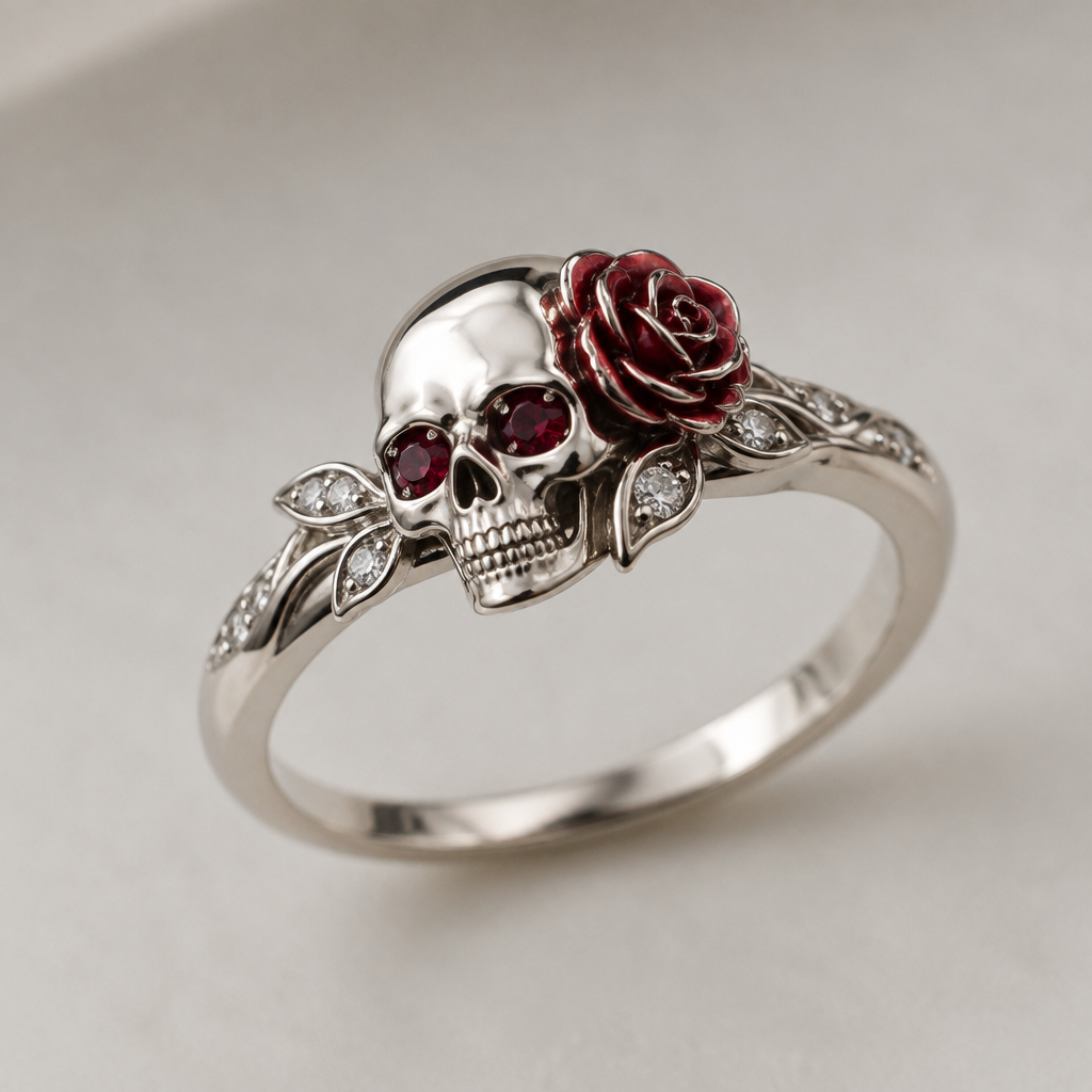 A minimalist women's ring made of silver with diamond and ruby stones suitable for daily wear. feminine skull ring with rose on side of head
photorealistic jewelry design, A minimalist women's ring made of silver with diamond and ruby stones suitable for daily wear. feminine skull ring with rose on side of head, minimalist style, just the design no text