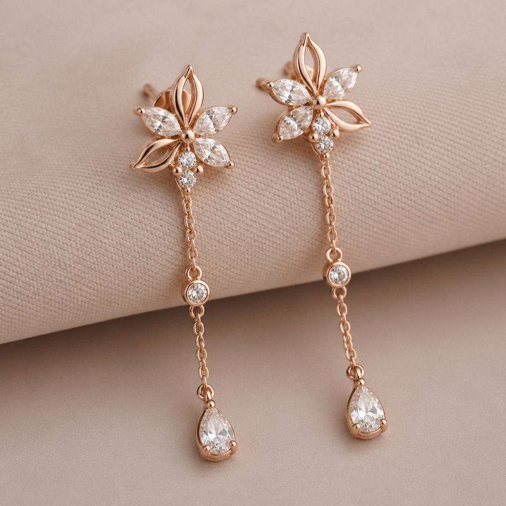 A women's earrings. hanging with less weight but the stud is with unique design
either floral or anything
photorealistic jewelry design, A women's earrings. hanging with less weight but the stud is with unique design
either floral or anything, modern style, just the design no text