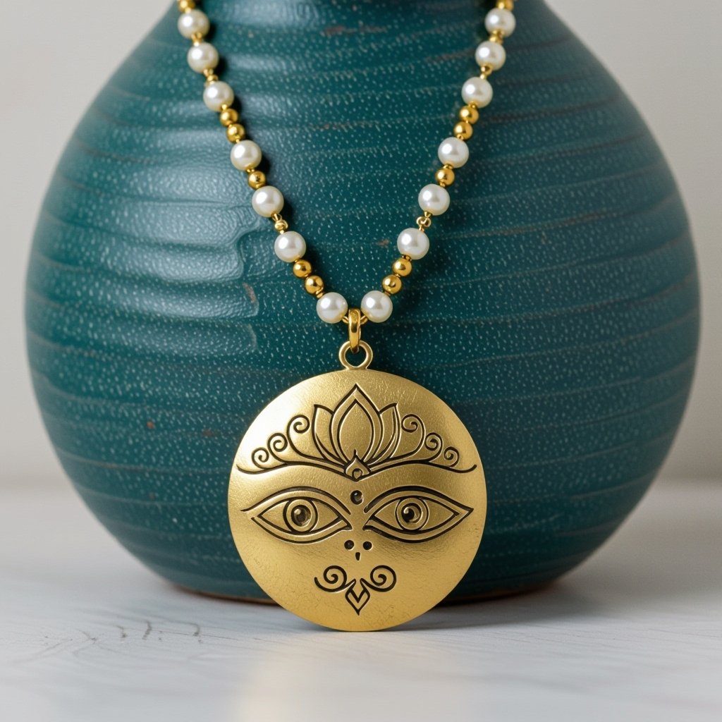 Кулон на длинной цепочке. Матовое светлое золото. В цепочке небольшие золотые шарики и жемчуг. Кулон в виде двух глаз над ними лотос узоры завитушки 