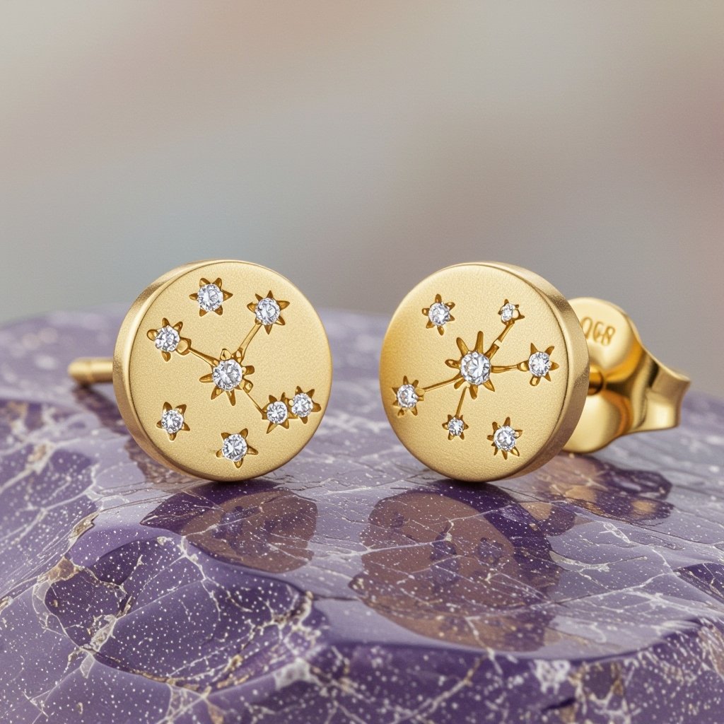 Небольшие золотые матовые серьги в виде созвездия сириус