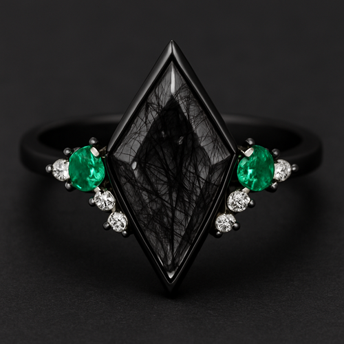 Kite cut Black rutilated quartz with 1 emerald on each side and 3 moissanite on each side accent stones in a cluster on a black band