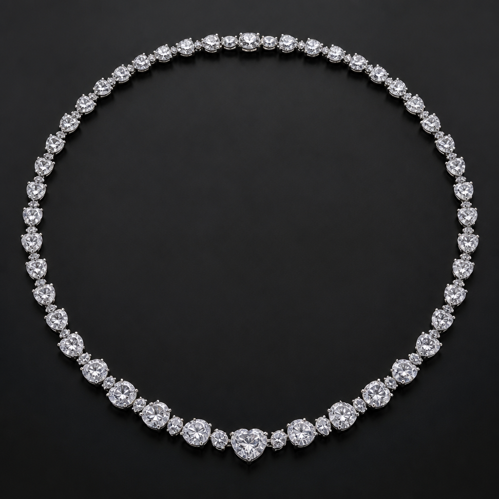 Necklace adorned with melee heart cut diamonds
photorealistic jewelry design, Necklace adorned with melee heart cut diamonds, luxury style, just the design no text
