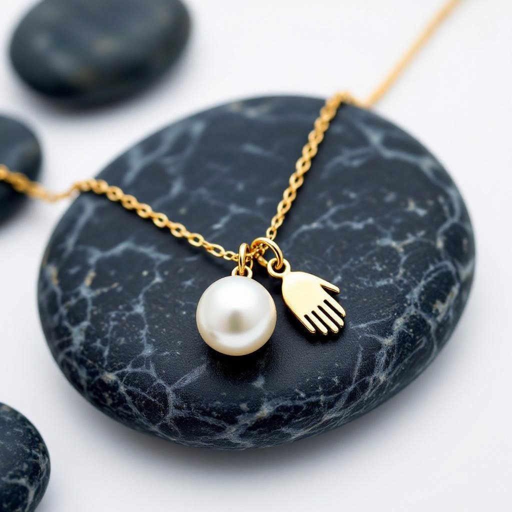 Украшение на шею золотая цепочка с подвеской в виде двух ладоней которые держат жемчужину по центру