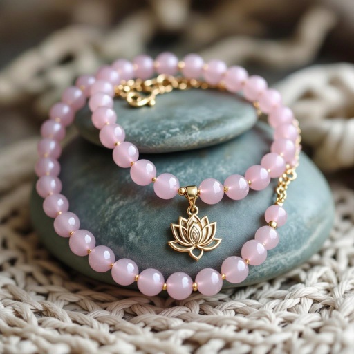 Цепочка из золота с золотыми мелкими шариками и мелкими из мелкого розового кварца посредине лотос от лотоса идут цепочки золотые вниз