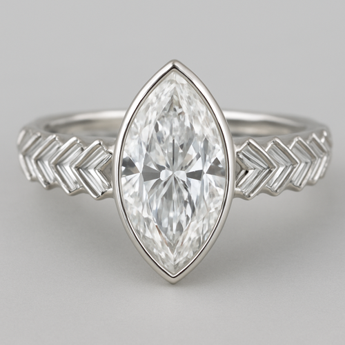 Bezel set 6 carat marquise diamond center stone with baguette diamonds in a herringbone pattern in the band