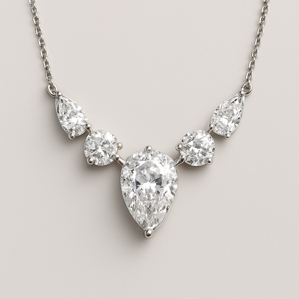 ביקשתי רק 7 קראט באמצע ובשני הצדדים למעלה יותר 2 קראט בכל צד שוכב לצד יהלומי טיפה בשרשרת מולחמים יותר למעלה  בלי באזל ושהיהלומיפ בצדדים שוכבים לצד מצוין יותר למעלה בשרשרת  וברוז     