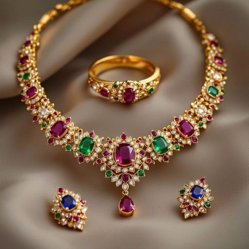 Necklace and ring and earring with luxury colorful jewel with gold