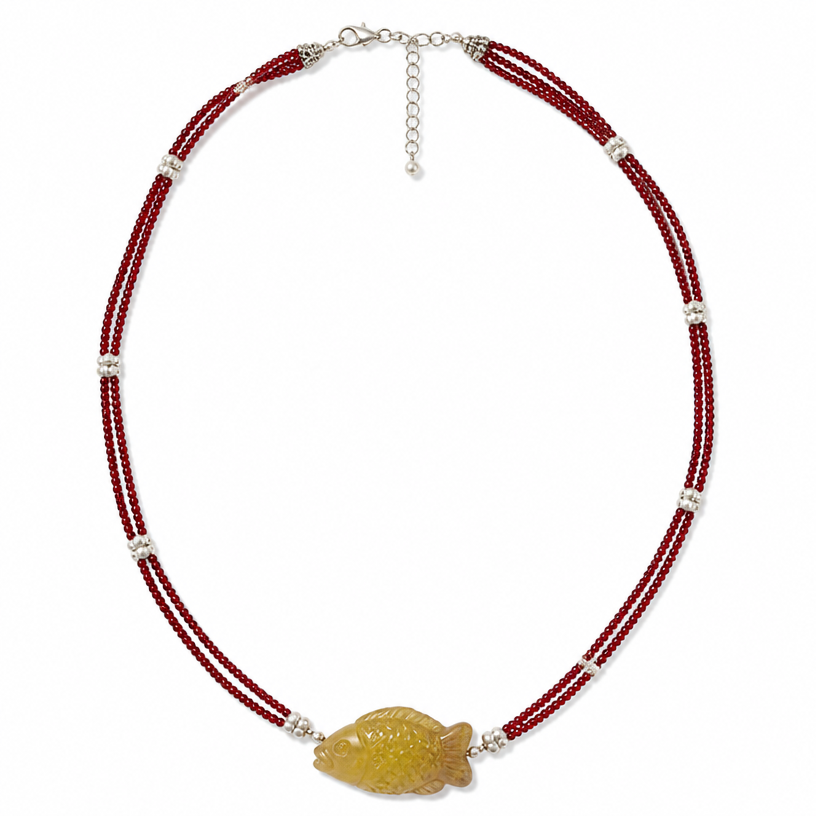 A asian-inspired women's necklace suitable for daily wear. black lines represent triple strand of really small wine red beads with silver representing small spherical white beads that hold the strands together every 1.5 inches. Focal bead is the rough cut yellow fish.
using the attached image as a visual reference, create A asian-inspired women's necklace suitable for daily wear. black lines represent triple strand of really small wine red beads with silver representing small spherical white beads that hold the strands together every 1.5 inches. Focal bead is the rough cut yellow fish.. photorealistic, just the design no text