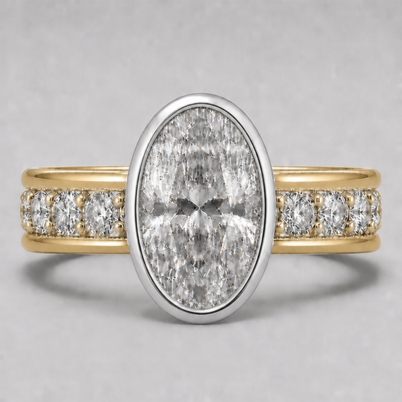 14k gold band, platinum basket and bezel on the main stone
edit the attached jewelry design with these instructions: 14k gold band, platinum basket and bezel on the main stone. keep it photorealistic, just the design no text