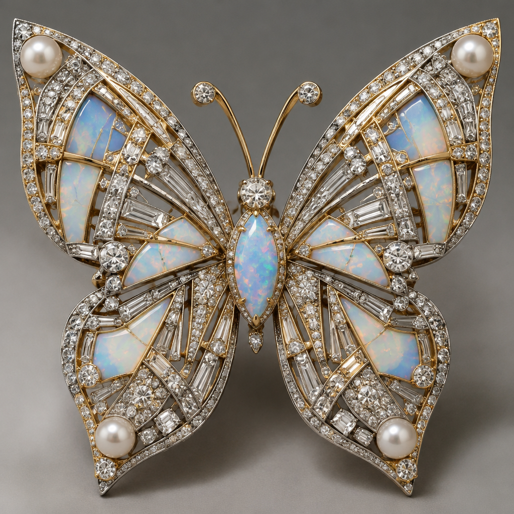A geometric women's brooch made of mixed metal with diamond and opal and pearl stones suitable for wedding, highly ornate, intricate and elaborate, richly detailed. butterfly shaped broach
photorealistic jewelry design, A geometric women's brooch made of mixed metal with diamond and opal and pearl stones suitable for wedding, highly ornate, intricate and elaborate, richly detailed. butterfly shaped broach, geometric style, just the design no text