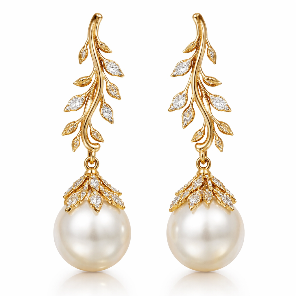 Gold pearl drop earrings with an olive branch and vine design and small white diamonds