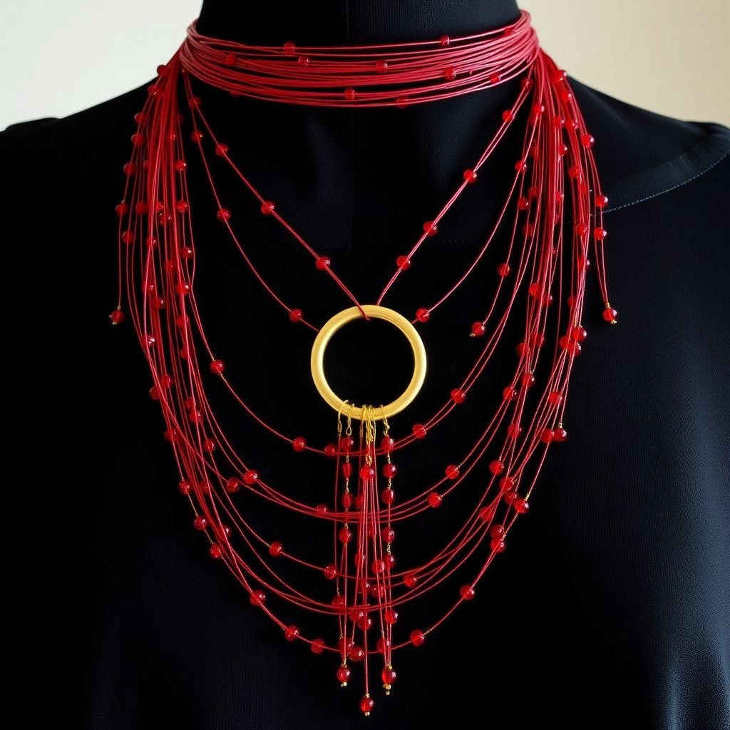 Long tie necklace consisting several long strings many from small size glass red beads going around neck and in front entering the golden ring and hanging out.