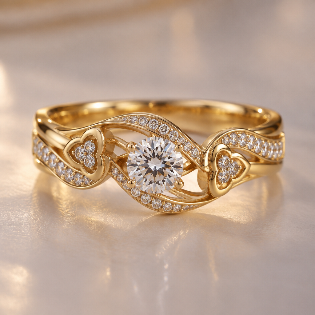 Indian engagement ring with my name DHIVYAH and his name VIJAY is there in middle gt diamond stone
photorealistic jewelry design, Indian engagement ring with my name DHIVYAH and his name VIJAY is there in middle gt diamond stone , gold style, just the design no text