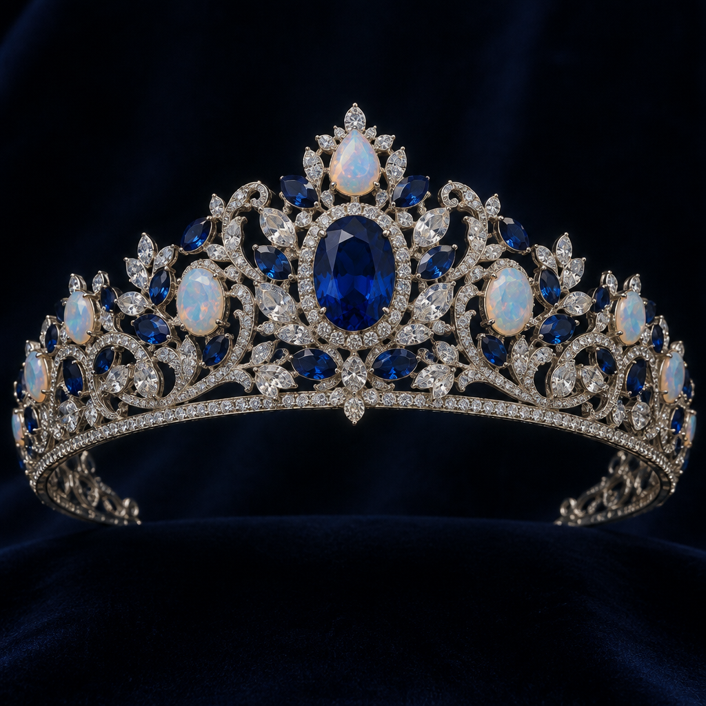 A luxury women's tiara made of silver with sapphire and diamond and opal stones suitable for formal, highly ornate, intricate and elaborate, richly detailed. quero algo bem elegante e formal
photorealistic jewelry design, A luxury women's tiara made of silver with sapphire and diamond and opal stones suitable for formal, highly ornate, intricate and elaborate, richly detailed. quero algo bem elegante e formal, luxury style, just the design no text
