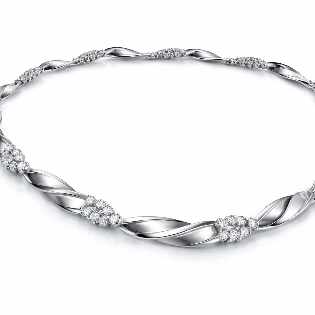A flexible necklace which is not rigid and inspired of twisted flat wire and it has links that connected the small pieces with eachothe and it has diamondr