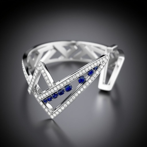 Geomatric architecture shape of white bangle white diamonds and blue sapphire of white vibes