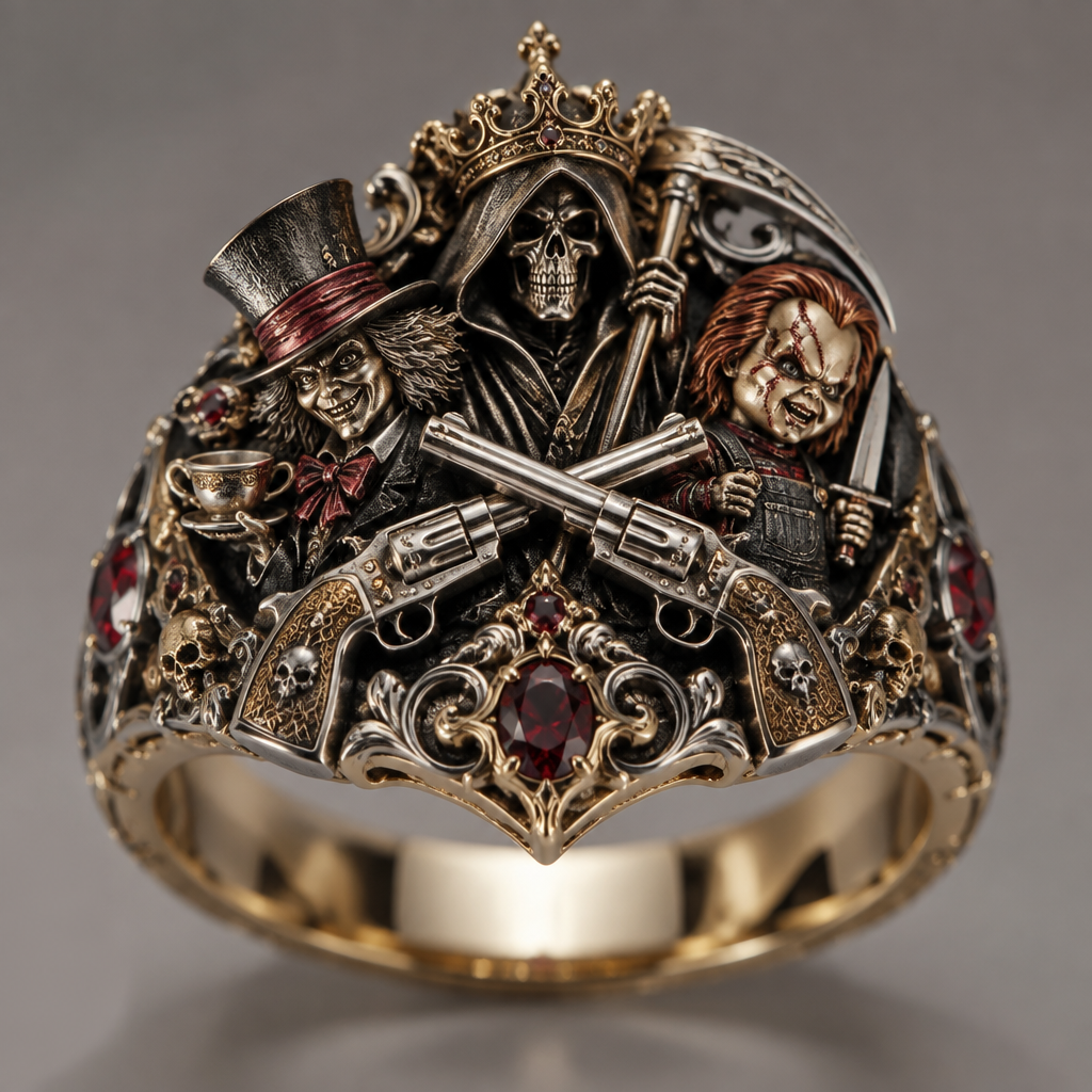 A royal women's ring made of mixed metal suitable for daily wear, detailed and decorative, moderately ornate. madhatter a reaper and Chucky and 2 pistols crossing
photorealistic jewelry design, A royal women's ring made of mixed metal suitable for daily wear, detailed and decorative, moderately ornate. madhatter a reaper and Chucky and 2 pistols crossing, royal style, just the design no text
