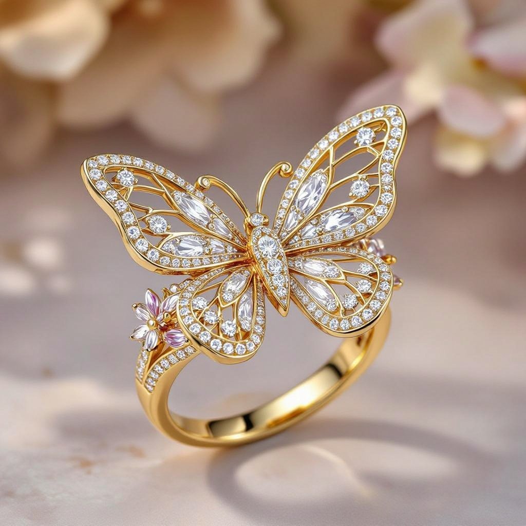 fairytale gold and diamond ring with buteefly wings diamond in the middle and flowers 