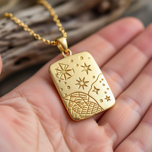 Золотой матовый медальон в форме неровного прямоугольника с округлыми краями. По краям выпуклые точки сплошной линией. На прямоугольнике разные мелкие узоры вырезаны. Символически изображена земля и звезды