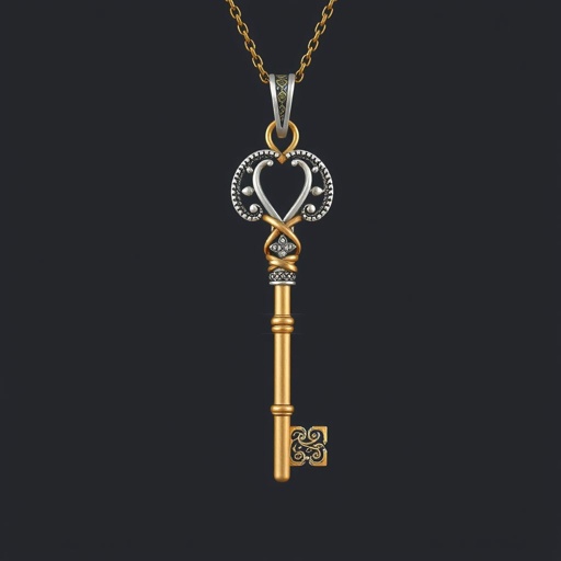 Old skeleton key shape gold and silver tones with olive branch turning on leg and keffieh print on the tip