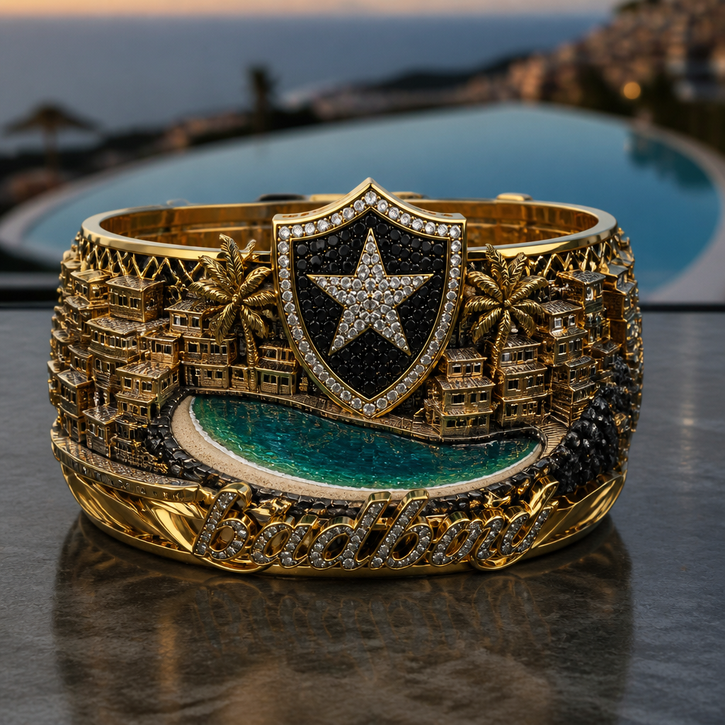 A luxury men's ring made of gold suitable for daily wear, highly ornate, intricate and elaborate, richly detailed. bracelete na temática do time de futebol bota fogo, O escudo do botafogo cravejado com pedras originais da cor do time, na frente do bracelete o escudo cravejado e em baixo o nome escrito badboy
bracelete com um formato e designer único
coloque uma piscina em forma de meia lua com algumas favelinhas
photorealistic jewelry design, A luxury men's ring made of gold suitable for daily wear, highly ornate, intricate and elaborate, richly detailed. bracelete na temática do time de futebol bota fogo, O escudo do botafogo cravejado com pedras originais da cor do time, na frente do bracelete o escudo cravejado e em baixo o nome escrito badboy
bracelete com um formato e designer único
coloque uma piscina em forma de meia lua com algumas favelinhas, luxury style, just the design no text