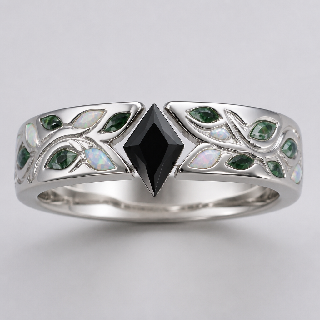 White gold Wedding band with vines engraved have emerald and opals be the leaves and centers with a kite shaped black diamond set
photorealistic jewelry design, White gold Wedding band with vines engraved have emerald and opals be the leaves and centers with a kite shaped black diamond set , tension style, just the design no text