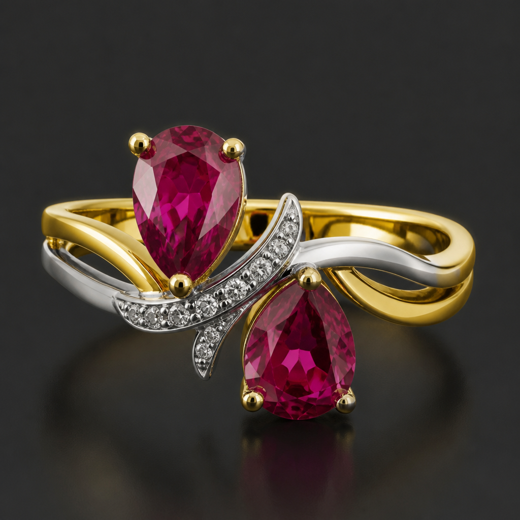 2 Ruby pear shape ring in gold and white gold