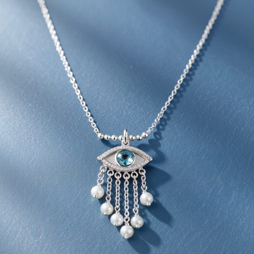 Тонкая цепочка с серебряными шариками и мелкими жемчужными камушками на цепочке есть кулон в форме глаза, зрачок глаза из аквамарина от глаза идет маленькая подвеска с серебряными цепочками разной длины