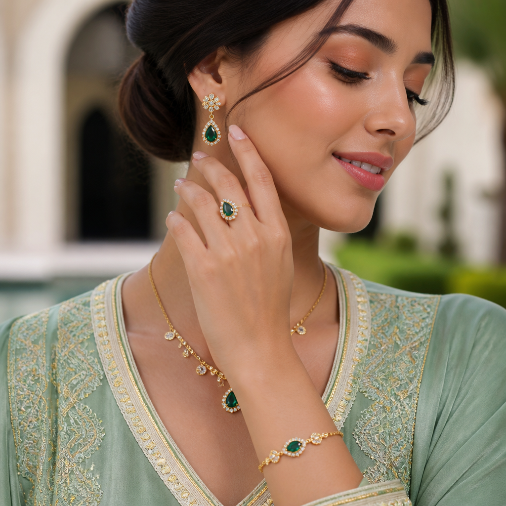 A women's ring. Créer une photo réaliste d’une femme élégante portant cet ensemble de bijoux, lumière naturelle, peau lumineuse, arrière-plan flou, haute qualité. En portant un caftan marocain
photorealistic jewelry design, A women's ring. Créer une photo réaliste d’une femme élégante portant cet ensemble de bijoux, lumière naturelle, peau lumineuse, arrière-plan flou, haute qualité. En portant un caftan marocain, modern style, just the design no text