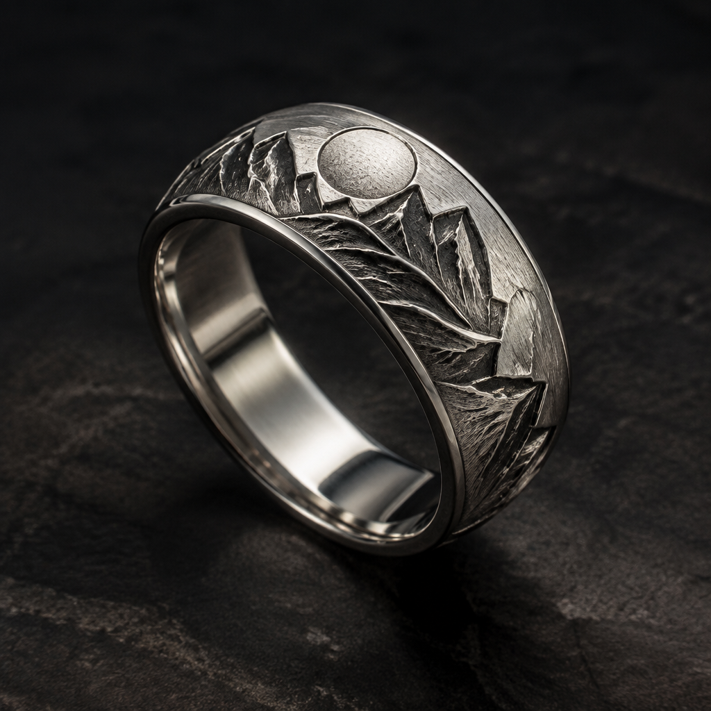 A women's ring made of silver. make a lord of the rings men's ring
photorealistic jewelry design, A women's ring made of silver. make a lord of the rings men's ring, modern style, just the design no text
