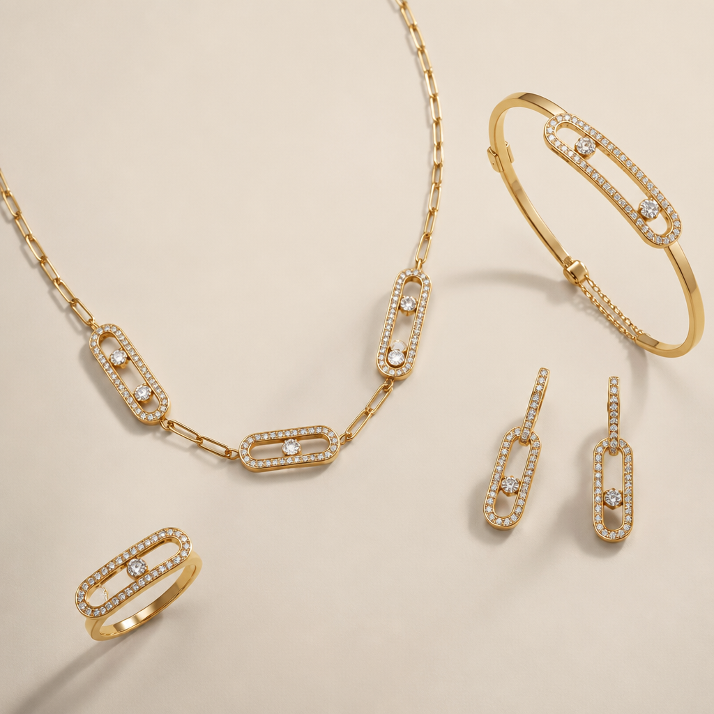 A modern women's necklace made of gold, detailed and decorative, moderately ornate. make a ring and bracelet and earrings with it as same design do it in Messika brand style
photorealistic jewelry design, A modern women's necklace made of gold, detailed and decorative, moderately ornate. make a ring and bracelet and earrings with it as same design do it in Messika brand style, modern style, just the design no text