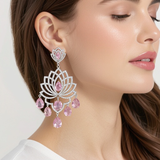 Светлое матовое золото. Серьги с лотосом на длинных цепочках. По центру лотоса камень необрабаботанного розового кварца, от лотоса идет цепочка с еще одним камнем кварца на конце. Серьги тонкие и легкие