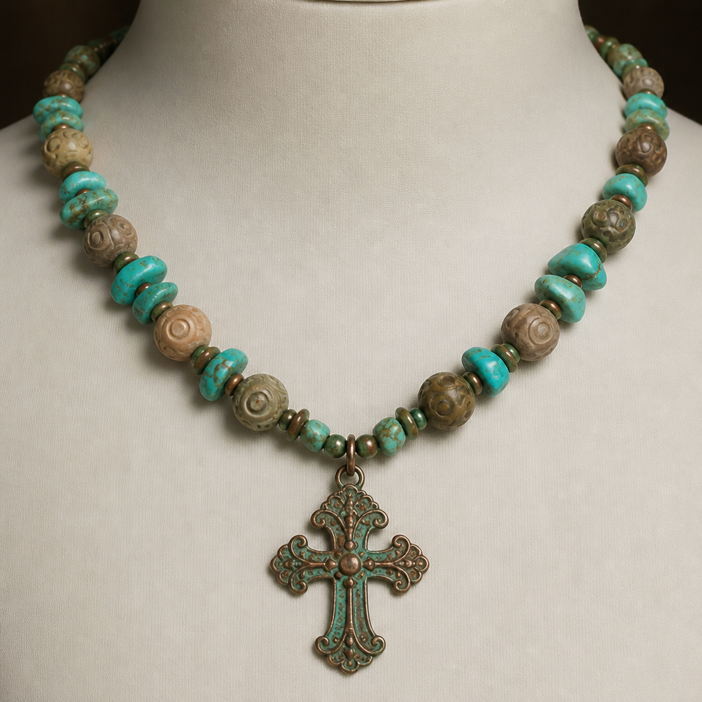 "8.5-9mm soapstone in earth tones with carved eye round beads, turquoise chunky chips 9x12mm, Heishi beads 3mm, copper with green patina cross pendant 3x4" necklace "
photorealistic jewelry design, "8.5-9mm soapstone in earth tones with carved eye round beads, turquoise chunky chips 9x12mm, Heishi beads 3mm, copper with green patina cross pendant 3x4" necklace ", victorian style, just the design no text