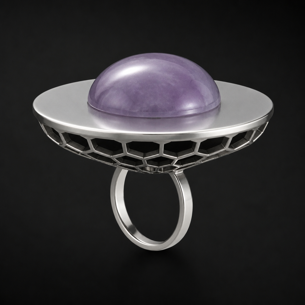 A women's ring. Create a photorealistic high-end jewelry render based strictly on my uploaded sketch. Preserve my sketch's exact design concept and proportions. The ring has a round half-dome cabochon gemstone, flat on the bottom and smoothly domed on top. A perfectly flat circular sterling-silver plate directly underneath the gemstone. The silver plate extends approximately3 mm beyond the gemstone on all sides. Beneath the flat plate, an outer layer made of open hexagonal honeycomb geometry. The honeycomb structure forms the visible underside of the circular platform and connects downward toward the center. At the center underneath the structure, attach one completely simple, smooth , plain sterling-silver ring shank. The shank must be minimal and centered. IMPORTANT: Preserve the design from my reference sketch. Do not add side stones. Do not add claws or prongs on top of the gemstone. Do not add engraving. Do not add decorative elements or extra details. Do not replace the honeycomb pattern. Keep it minimalist, architectural, elegant, and handmade. Show a three-quarter perspective from slightly above, so both the flat silver platform and the honeycomb underside are clearly visible. Use realistic sterling silver, realistic gemstone, detailed metalwork, studio lighting, neutral dark background. Use my uploaded sketch as the primary visual reference. Preserve its geometry and proportions as closely as possible.
photorealistic jewelry design, A women's ring. Create a photorealistic high-end jewelry render based strictly on my uploaded sketch. Preserve my sketch's exact design concept and proportions. The ring has a round half-dome cabochon gemstone, flat on the bottom and smoothly domed on top. A perfectly flat circular sterling-silver plate directly underneath the gemstone. The silver plate extends approximately3 mm beyond the gemstone on all sides. Beneath the flat plate, an outer layer made of open hexagonal honeycomb geometry. The honeycomb structure forms the visible underside of the circular platform and connects downward toward the center. At the center underneath the structure, attach one completely simple, smooth , plain sterling-silver ring shank. The shank must be minimal and centered. IMPORTANT: Preserve the design from my reference sketch. Do not add side stones. Do not add claws or prongs on top of the gemstone. Do not add engraving. Do not add decorative elements or extra details. Do not replace the honeycomb pattern. Keep it minimalist, architectural, elegant, and handmade. Show a three-quarter perspective from slightly above, so both the flat silver platform and the honeycomb underside are clearly visible. Use realistic sterling silver, realistic gemstone, detailed metalwork, studio lighting, neutral dark background. Use my uploaded sketch as the primary visual reference. Preserve its geometry and proportions as closely as possible., modern style, just the design no text