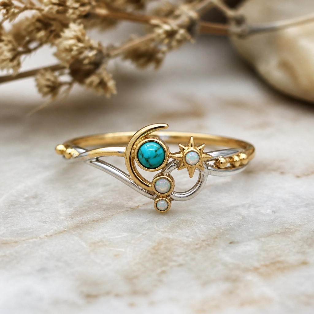 A minimalist women's ring made of mixed metal with turquoise and opal stones suitable for festival. A modern women ring with little ornaments of modern motifs.
photorealistic jewelry design, A minimalist women's ring made of mixed metal with turquoise and opal stones suitable for festival. A modern women ring with little ornaments of modern motifs., minimalist style, just the design no text