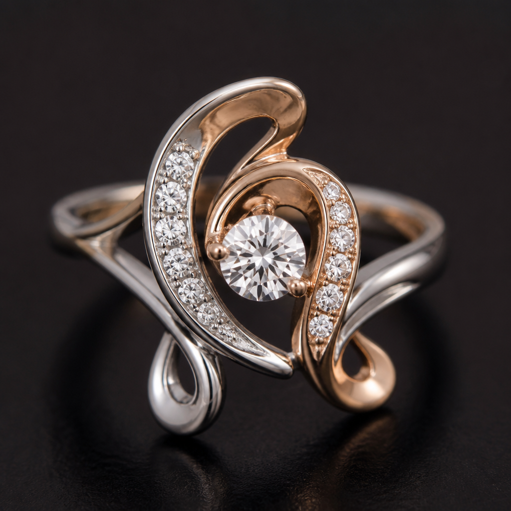 A abstract women's ring made of mixed metal with diamond stones suitable for festival. An extraordinary excellent beautiful delicate and elegant solitaire women ring. Face of the ring.
photorealistic jewelry design, A abstract women's ring made of mixed metal with diamond stones suitable for festival. An extraordinary excellent beautiful delicate and elegant solitaire women ring. Face of the ring., abstract style, just the design no text