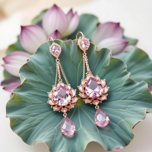 Светлое матовое золото. Серьги с лотосом на длинных цепочках. По центру лотоса камень необрабаботанного розового кварца, от лотоса идет цепочка с еще одним камнем кварца на конце. Серьги тонкие и легкие