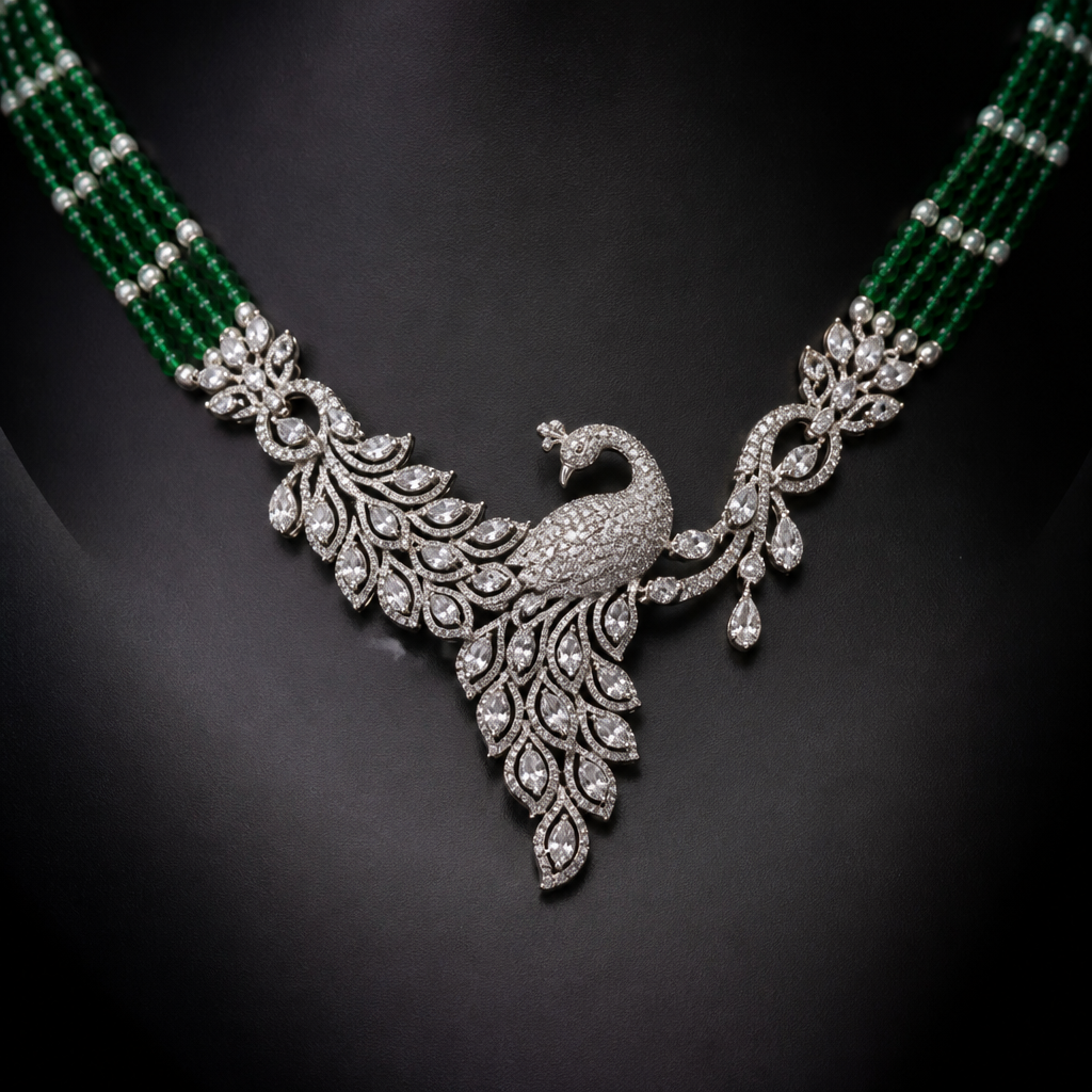 A women's ring. dimond finish necklace with peacock design molded with white stones and top of it with green beeds
photorealistic jewelry design, A women's ring. dimond finish necklace with peacock design molded with white stones and top of it with green beeds, modern style, just the design no text