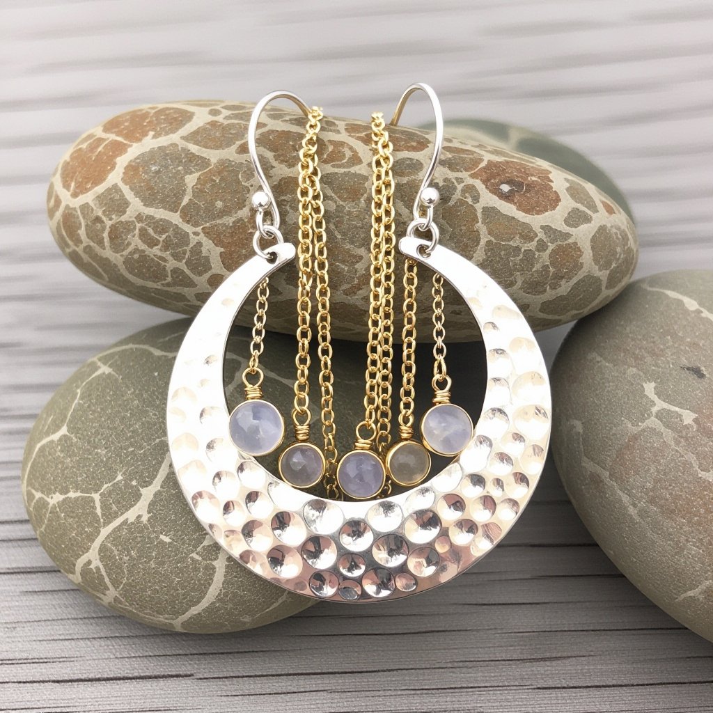 Серебряные серьги словно мятое серебро в форме полумесяца. Верхушка полумесяца крепится к застежке серьги.  От полумесяца идет три цепочки золотого цвета, у каждой на конце мелкий камушек лунный камень