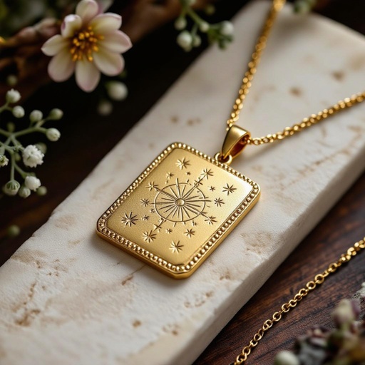 Золотой матовый медальон в форме неровного прямоугольника с округлыми краями. По краям выпуклые точки сплошной линией. На прямоугольнике разные мелкие узоры вырезаны. Символически изображена земля и звезды