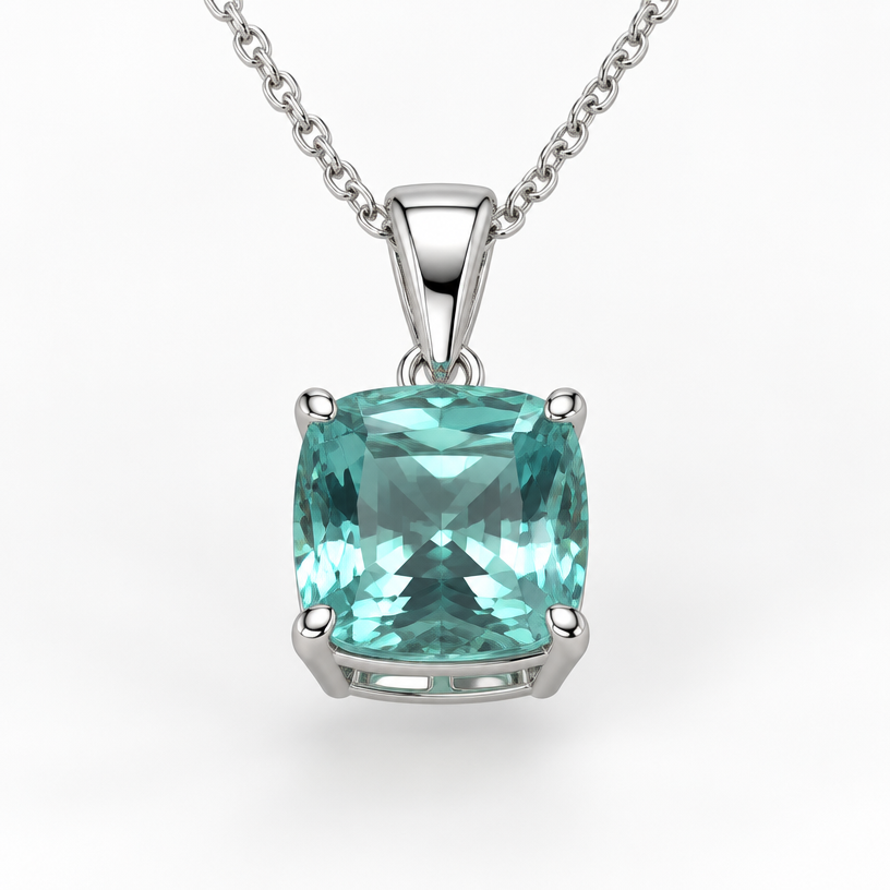 A classic women's pendant made of white gold. 2.8ct square cushion cut neon blue green beryl
basket
using the attached image as a visual reference, create A classic women's pendant made of white gold. 2.8ct square cushion cut neon blue green beryl
basket. photorealistic, just the design no text