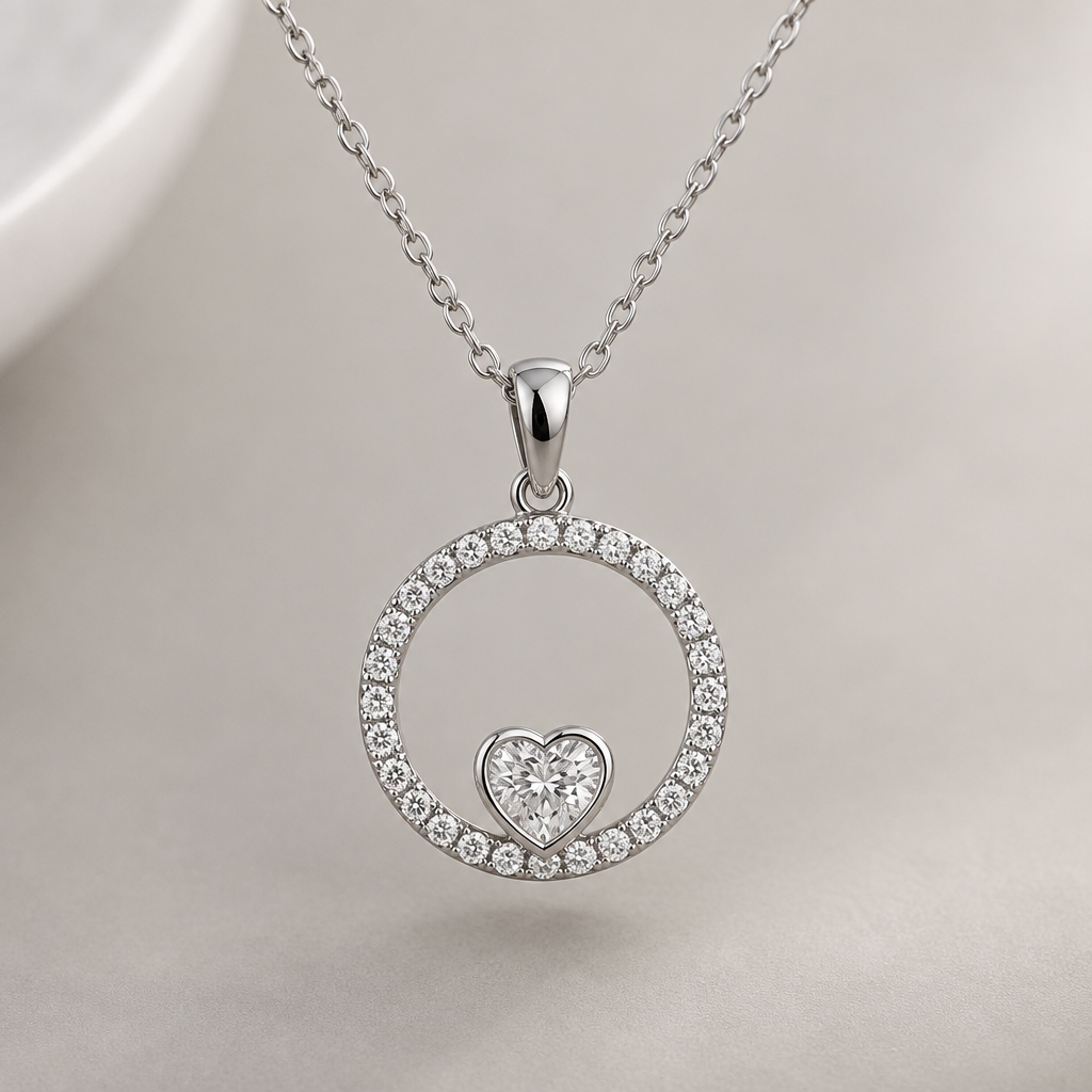 A modern women's pendant made of white gold with diamond stones suitable for daily wear. cost 300$, circle design, love symbol
photorealistic jewelry design, A modern women's pendant made of white gold with diamond stones suitable for daily wear. cost 300$, circle design, love symbol, modern style, just the design no text