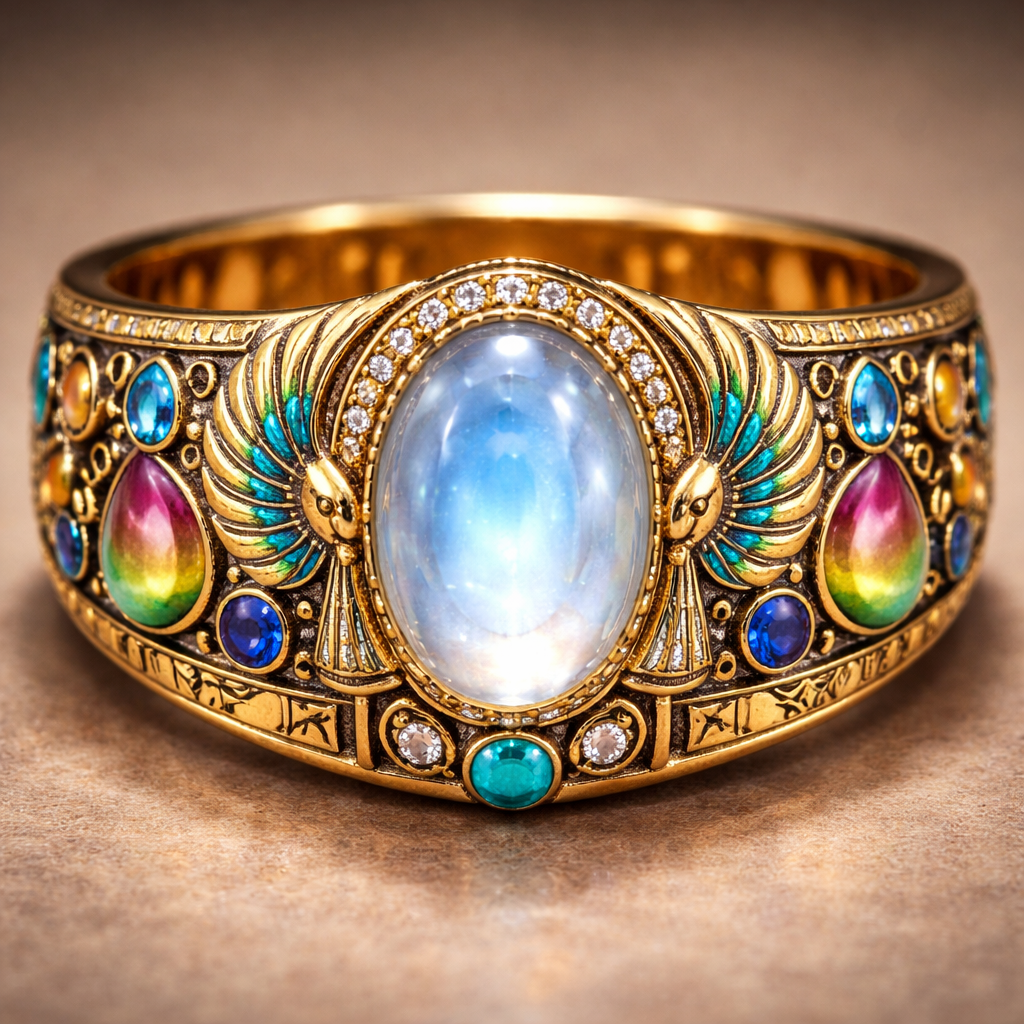 A golden band with beautiful Egyptian designs, and in the middle, a beautiful moonstone and on the sides, rainbow Turmaline and sapphires
A golden band with beautiful Egyptian designs, and in the middle, a beautiful moonstone and on the sides, rainbow Turmaline and sapphires, egyptian style