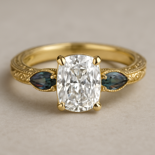 2 carat elongated cushion cut diamond engagement yellow gold ring with marquise shaped alexandrite side stones 
